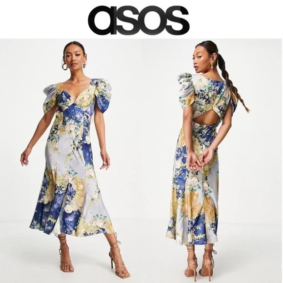 knee length dresses for ladies ASOS DESIGN button through midi Tea dress with drape shoulder detail in  mixed floral print main image 0